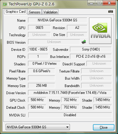 GPU-Z 0.2.6（GeForce 9300M GS）